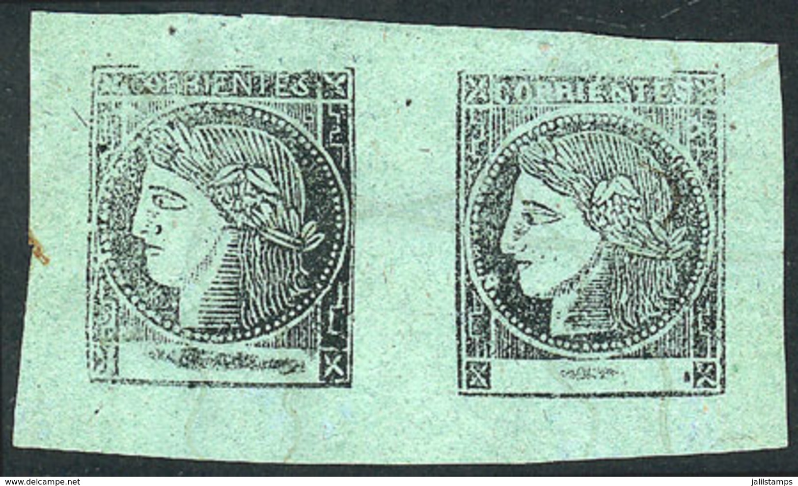 214 ARGENTINA: GJ.4, Yellow-green, Pair With Types 7 And 8, Light Pen Cancel, Excellent Quality! - Corrientes (1856-1880)