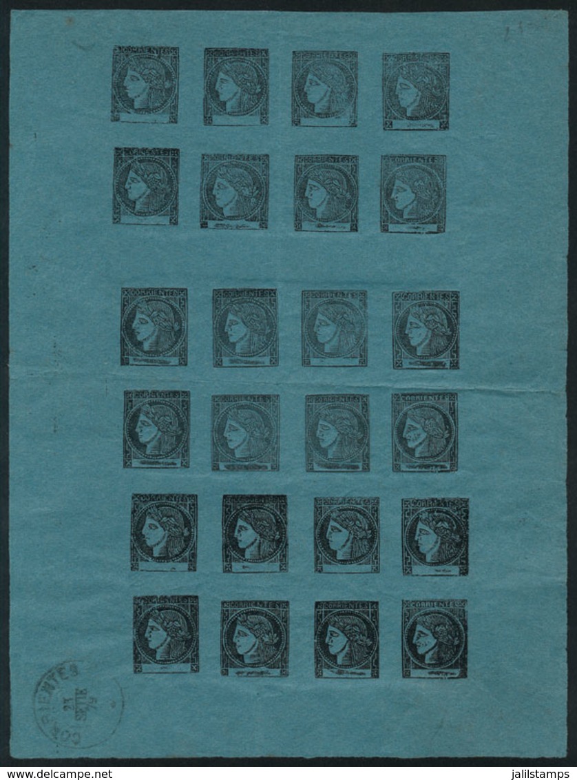 222 ARGENTINA: Reprint In Dull Blue, Sheet Of 24 Stamps (3 Groups With The 8 Types), With Corrientes Datestamp For 23/SE - Corrientes (1856-1880)