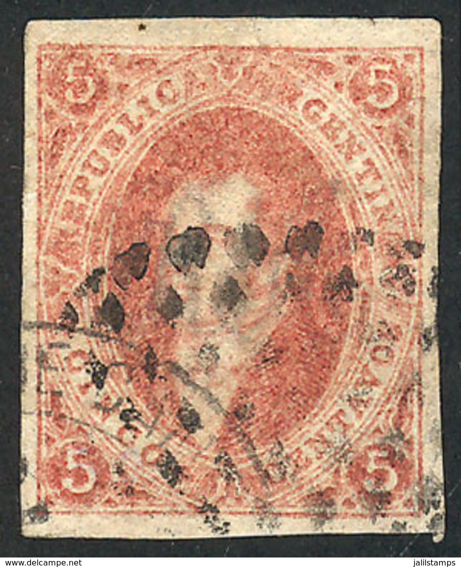 240 ARGENTINA: GJ.15, 1st Printing Imperf, 5c. Worn Impression, Very Wide Margins, With DOUBLE CANCELLATION: Dotted Buen - Unused Stamps