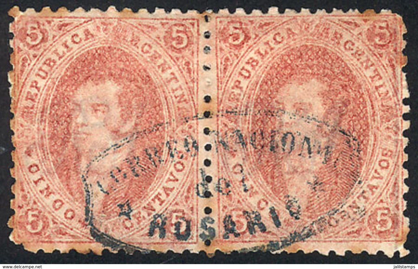 243 ARGENTINA: GJ.19, 1st Or 2nd Printing, Horizontal PAIR With Complete Cancel Of Rosario (blue Ellipse), Light Stain S - Unused Stamps