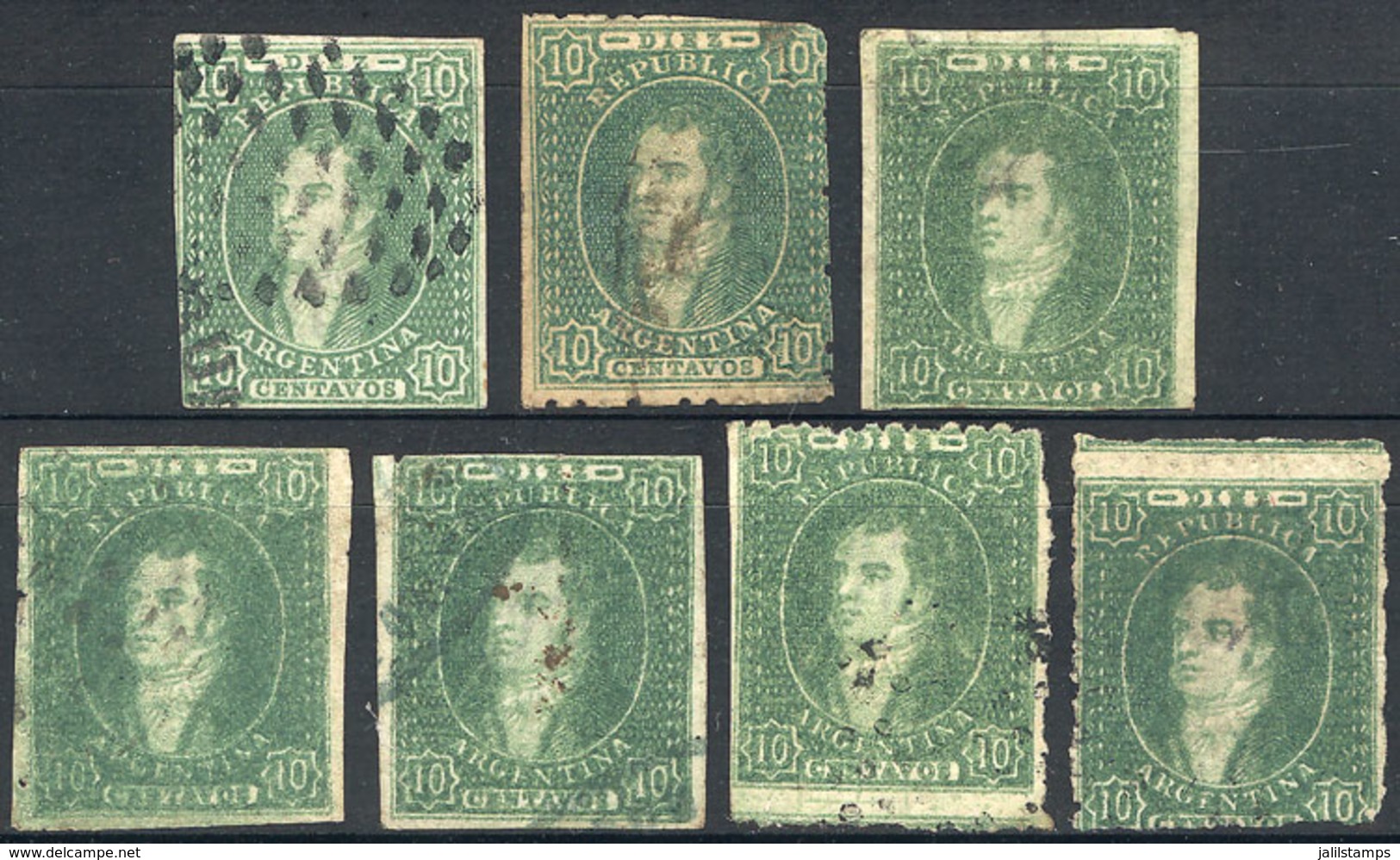 260 ARGENTINA: GJ.21 (1) + 23 (6), Stockcard With 7 Stamps Of 10c. (one Clear), Used, Very Nice Group Showing A Range Of - Unused Stamps