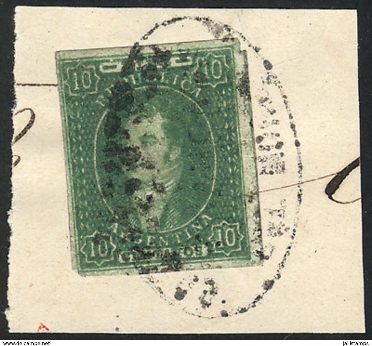 263 ARGENTINA: GJ.23g, 10c. Worn Impression, On Fragment With Black FRANCA DEL MORRO Oval Cancel, Superb! - Unused Stamps