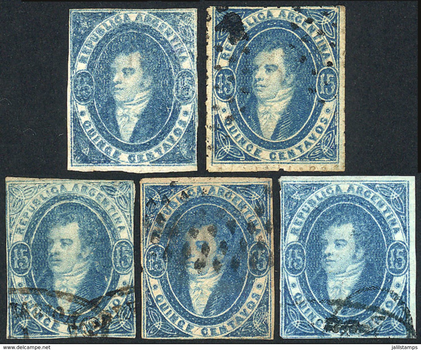 268 ARGENTINA: GJ.24, 15c. Worn Impression, 5 Examples (one Mint) With Defects, Range Of Shades And Cancels, Interesting - Unused Stamps