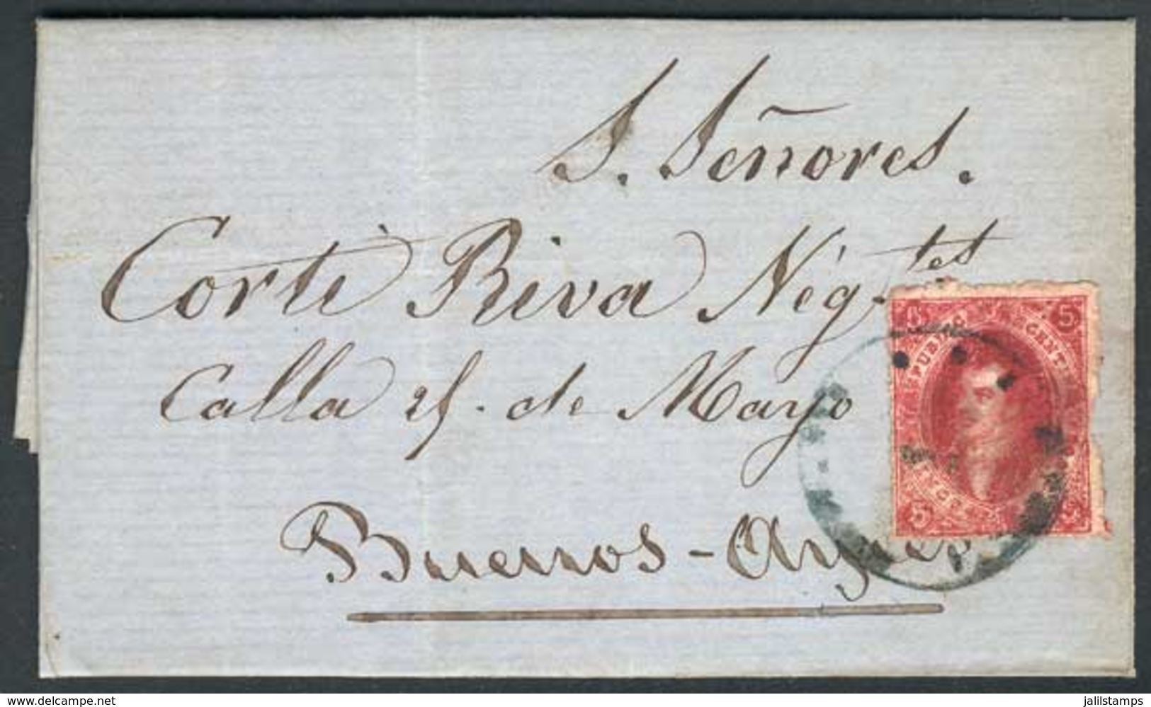 283 ARGENTINA: Complete Folded Letter Dated CHIVILCOY 18/NO/1866, Franked By GJ.26 (5th Printing) With The Rare Blue ""E - Nuovi