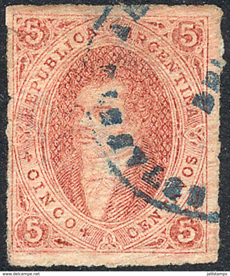 289 ARGENTINA: GJ.27b, 6th Printing Imperforate, Diagonally DIRTY PLATE Variety, With Scarce Blue Cancel Of Traveling PO - Ungebraucht