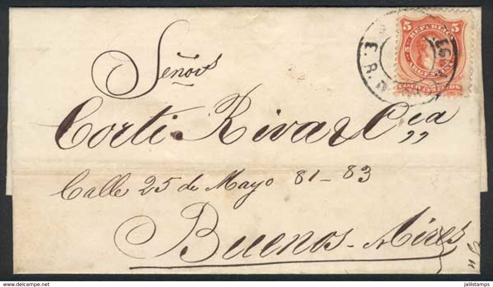 297 ARGENTINA: Folded Cover Dated 20/FE/1869, Franked By GJ.37 (5c. Rivadavia With Groundwork Of Horizontal Lines), With - Altri & Non Classificati