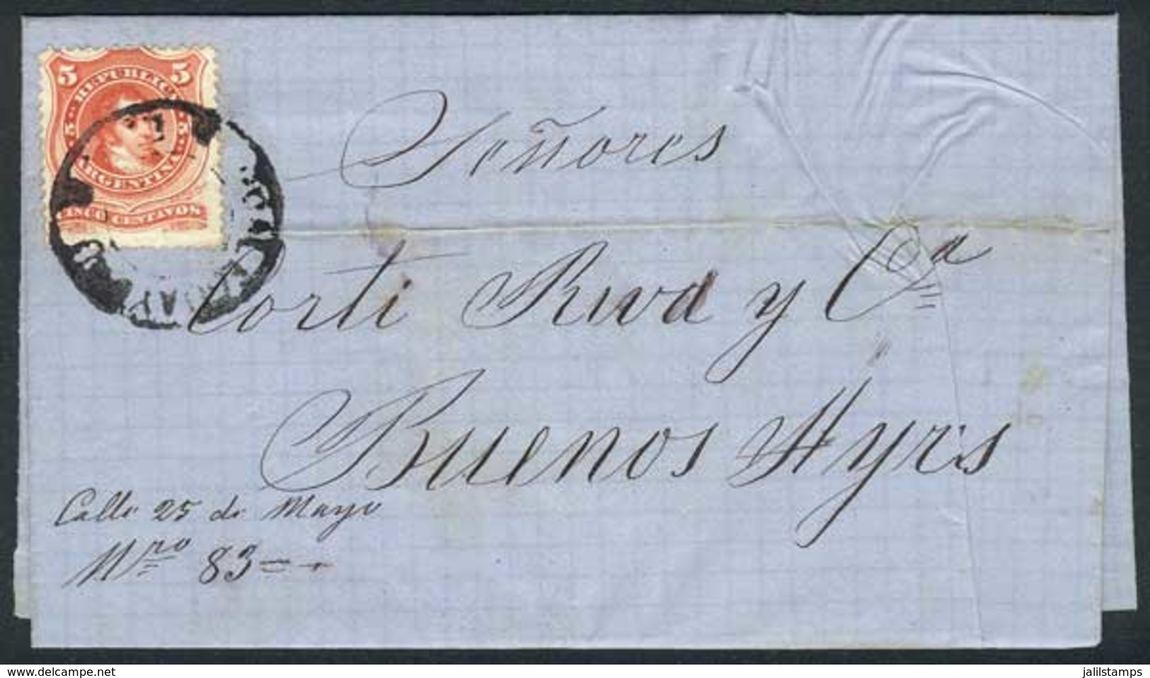 306 ARGENTINA: Folded Cover Dated 20/OC/1869, Franked By GJ.38 (5c. Rivadavia With Groundwork Of Crossed Lines), With Th - Sonstige & Ohne Zuordnung
