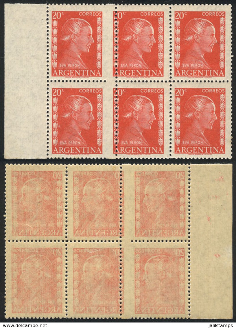 413 ARGENTINA: GJ.1006A, 20c. Eva Perón, Block Of 6, The Centarl Stamps With SHIFTED VERTICAL PERFORATION, VF And Rare! - Other & Unclassified