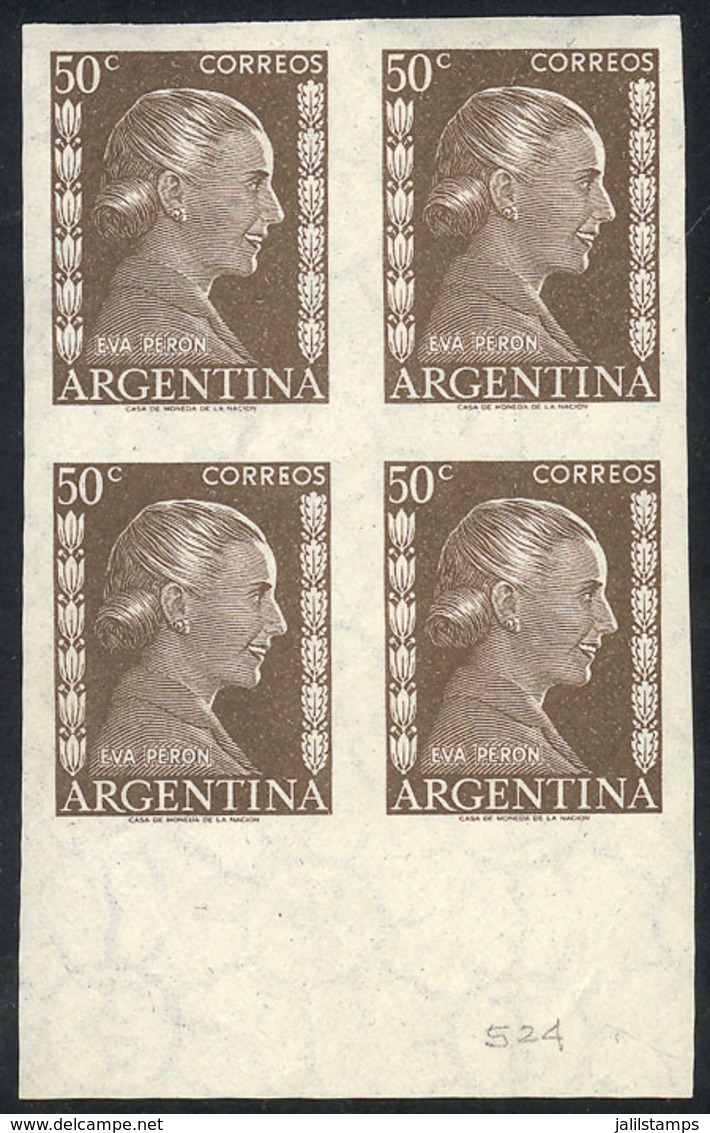 417 ARGENTINA: GJ.1010P, 50c. Eva Perón, IMPERFORATE Block Of 4, VF Quality! - Other & Unclassified