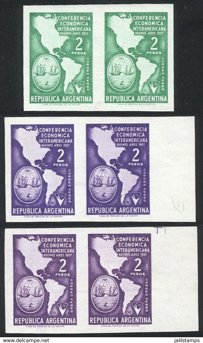 428 ARGENTINA: GJ.1083, 1957 Pan-American Economic Conference, Proofs In Green, Violet And Lilac, Imperforate Pairs Prin - Other & Unclassified