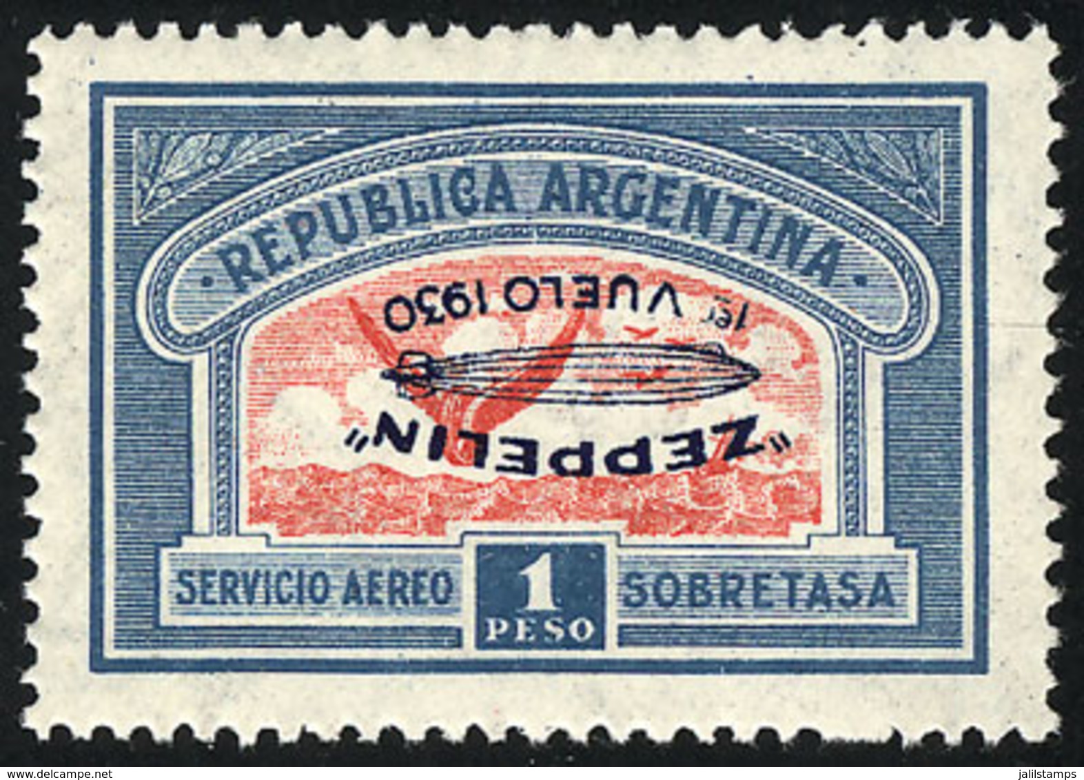 467 ARGENTINA: GJ.662c, 1930 1P. Zeppelin With INVERTED Blue Overprint, Very Lightly Hinged, Very Fresh, Excellent Quali - Airmail