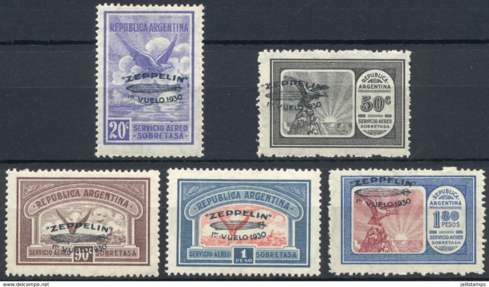 469 ARGENTINA: GJ.665/669, 1930 Zeppelin, Cmpl. Set Of 5 Values With GREEN Overprint, Mint Very Lightly Hinged, Excellen - Airmail