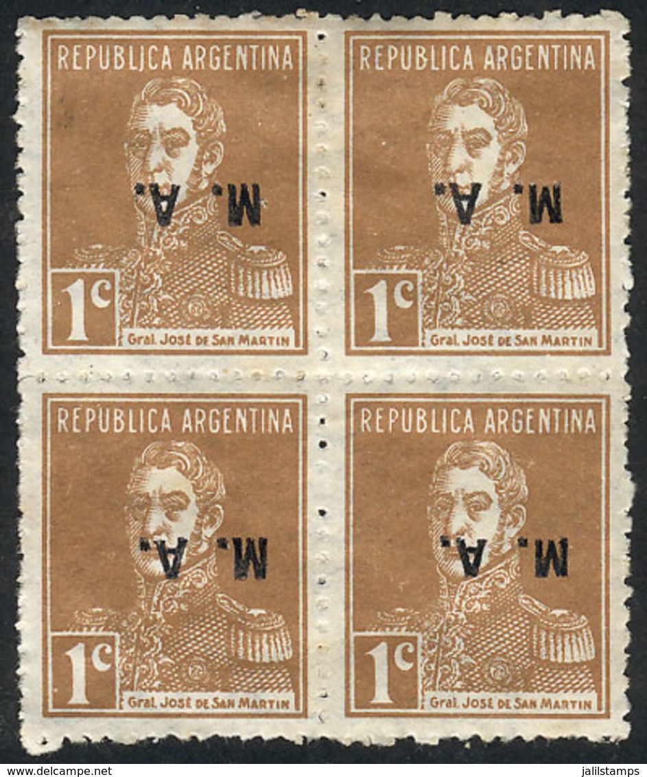 488 ARGENTINA: GJ.88a, Block Of 4 With INVERTED Overprint, Mint Without Gum, VF, Rare! - Officials