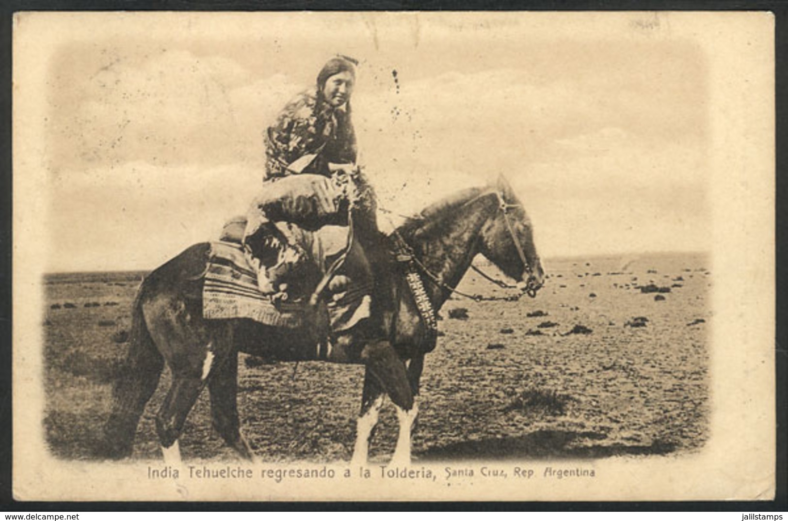 706 ARGENTINA: Tehuelche Indian Woman On Horse, Santa Cruz. PC Sent From Uruguay To England In 1906, VF Quality! - Argentinien