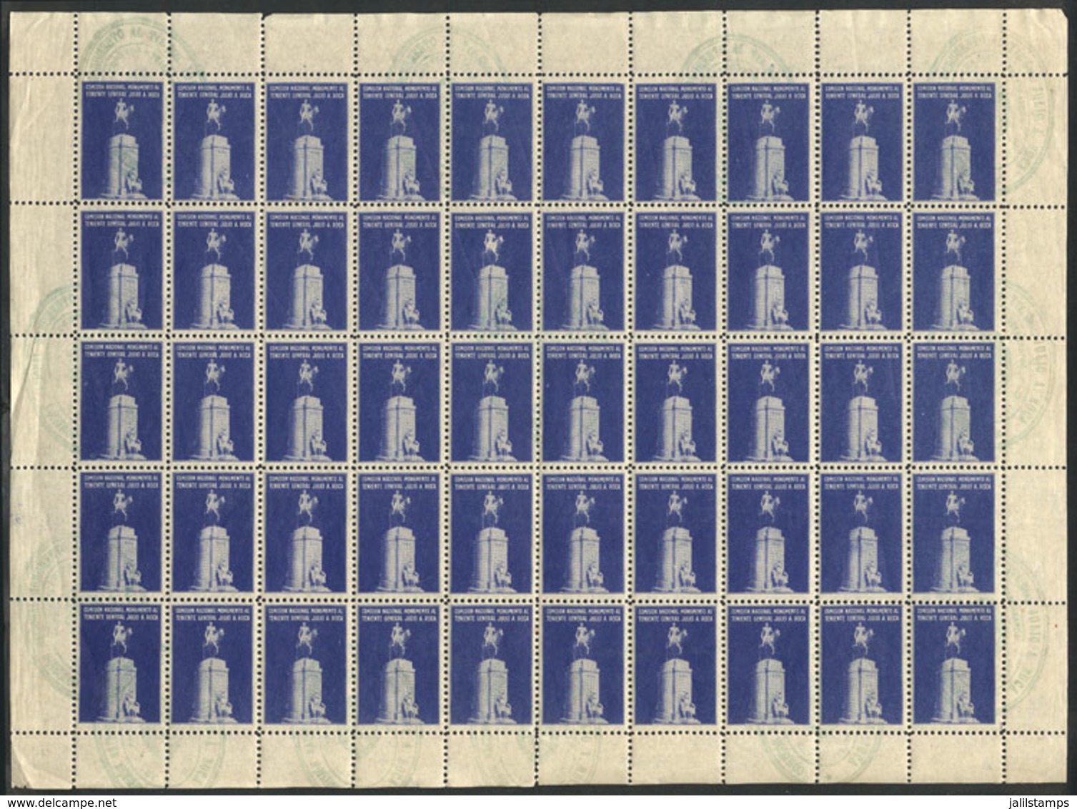 720 ARGENTINA: National Commission Of Monument To Gral. Julio A. Roca, Sheet Of 50 Cinderellas With Oval Handstamp Of Th - Vignetten (Erinnophilie)