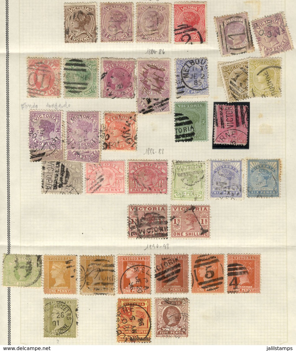 722 AUSTRALIA: VICTORIA: Lot Of Several Dozens Stamps On Album Pages, Including Good Values, And Some Interesting Cancel - Usati