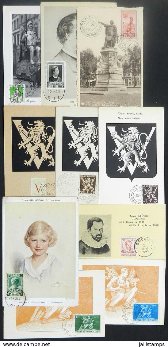 780 BELGIUM: 10 Maximum Cards Of 1938/57, Varied Topics: Famous Persons, Royalty, Coats Of Arms, Prisoners Of War, Etc., - Altri & Non Classificati