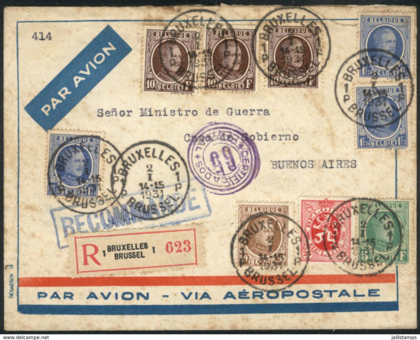 786 BELGIUM: 2/JA/1931 Bruxelles - Buenos Aires, Registered Airmail Cover, Sent By Aeropostale Franked With 41Fr., With  - Altri & Non Classificati