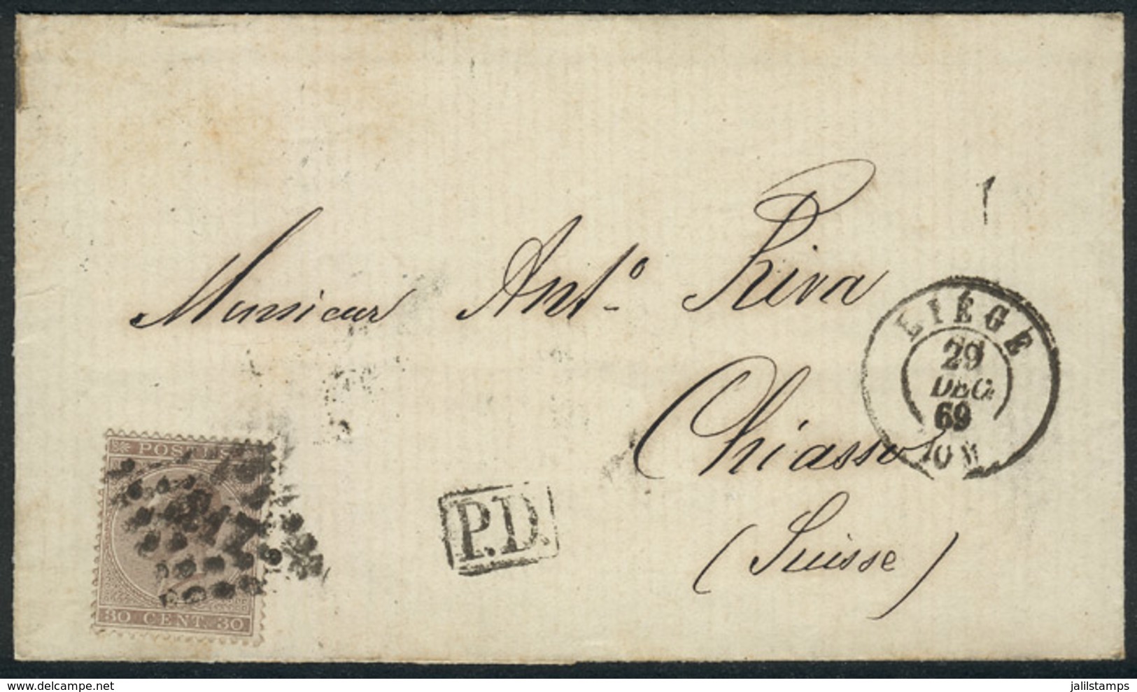 788 BELGIUM: 29/DEC/1869 LIEGE - SWITZERLAND: Folded Cover Franked With Leupold I 30c. Brown, Sent To Chiasso, With Seve - Other & Unclassified