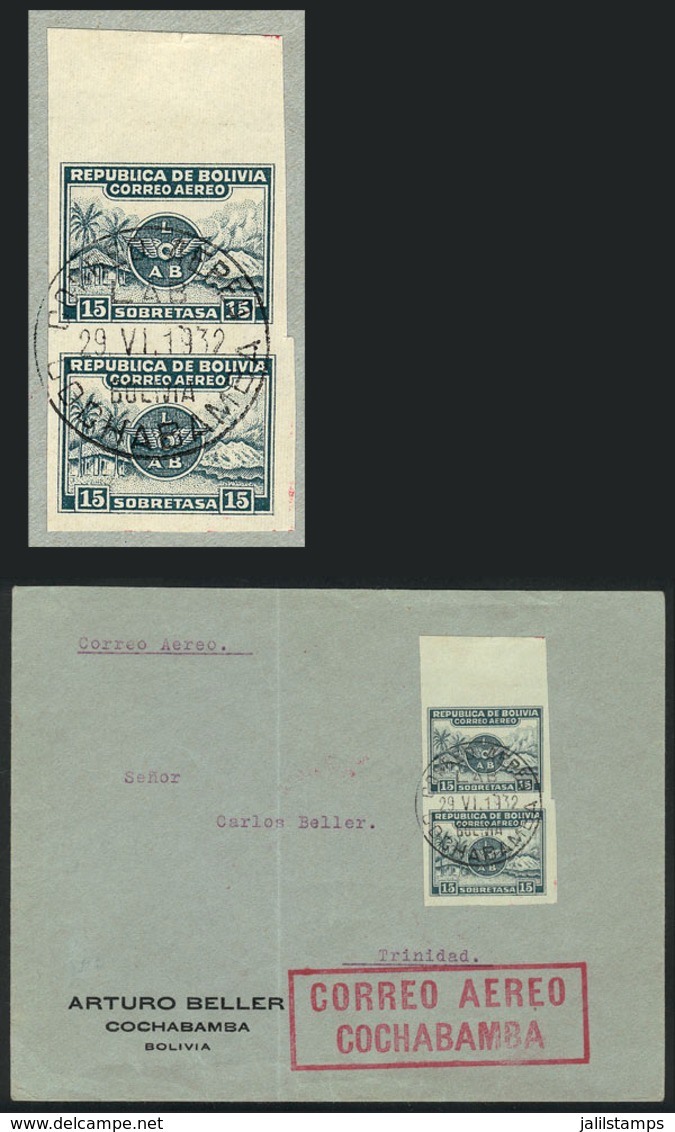 799 BOLIVIA: Sc.8a, 1928 15c. LAB Surcharge, IMPERFORATE PAIR Franking A Cover Flown By LAB Between Cochabamba And Trini - Bolivia