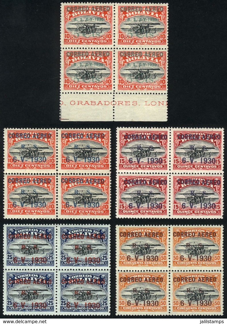 801 BOLIVIA: Sc.C11/12 + C14/16, 1930 Zeppelin, The First 5 Values Of The Set In BLOCKS OF 4, Excellent Quality (2 Stamp - Bolivien