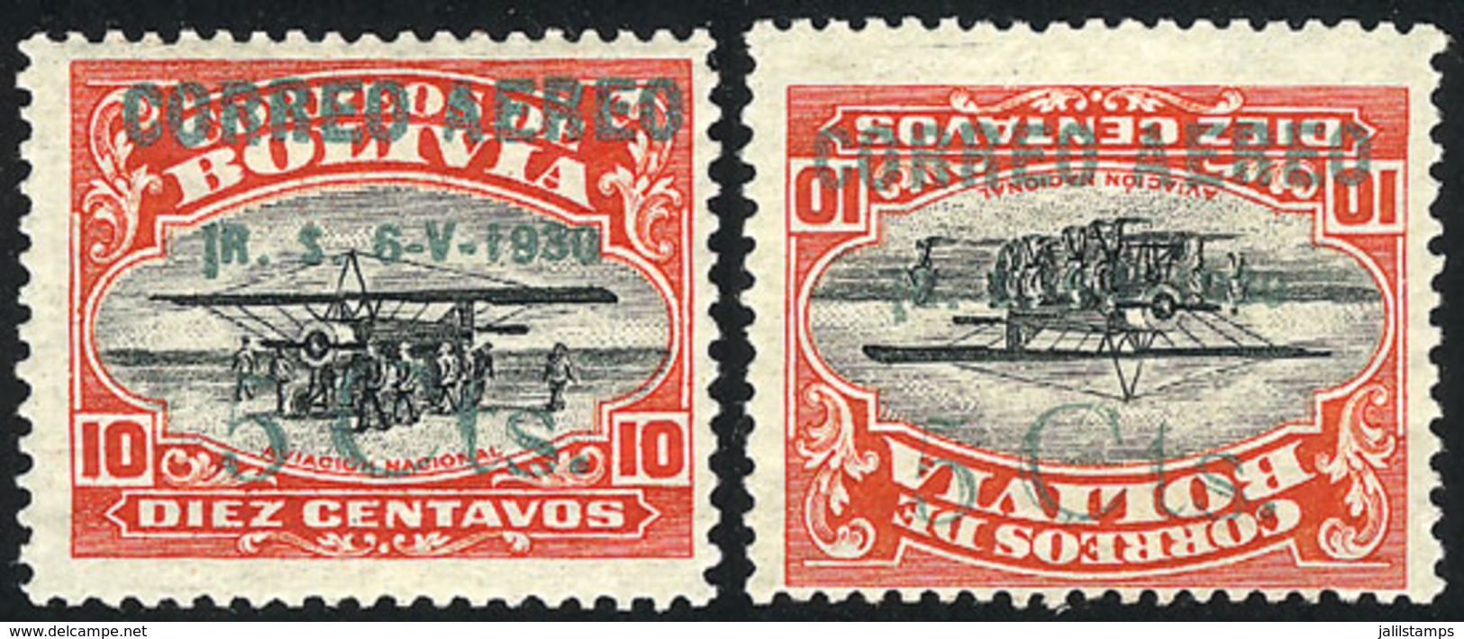 806 BOLIVIA: Sc.C11 + C11a, Normal And Inverted Overprints, Both With VARIETY: '1R. S. 6-V-1930' Instead Of 'R. S. 6-V-1 - Bolivien