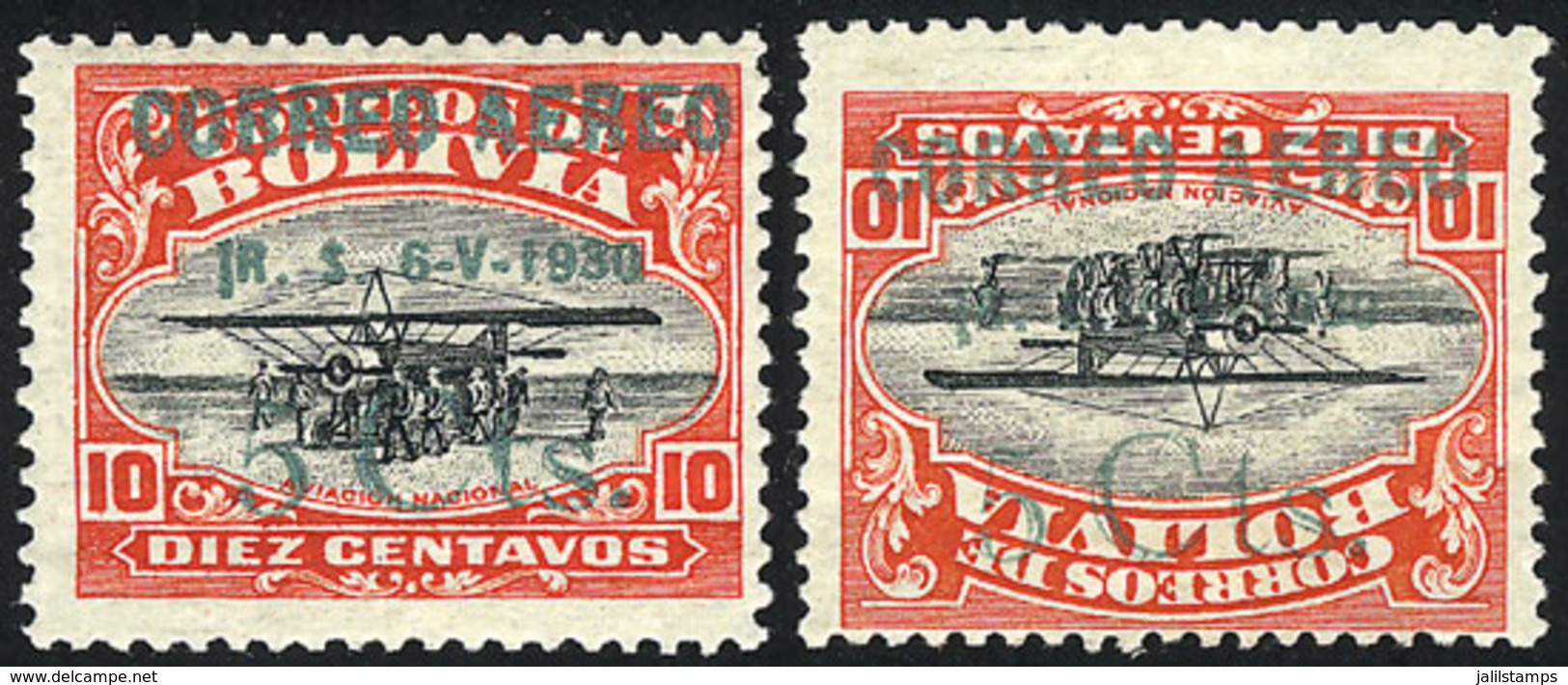806 BOLIVIA: Sc.C11 + C11a, Normal And Inverted Overprints, Both With VARIETY: '1R. S. 6-V-1930' Instead Of 'R. S. 6-V-1 - Bolivia