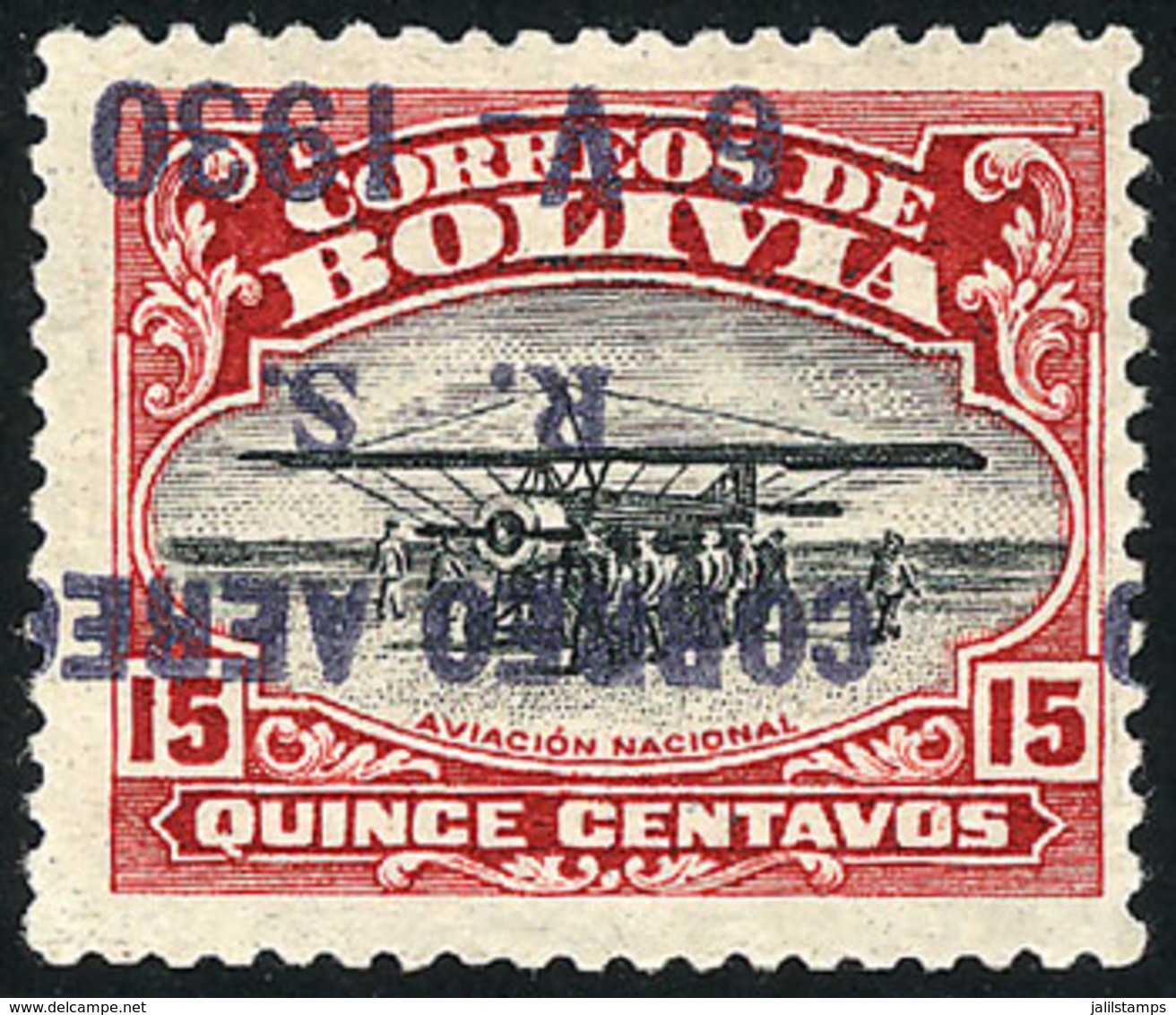 809 BOLIVIA: Sc.14a, 1930 Zeppelin 15c. With Variety: INVERTED OVERPRINT, Excellent Quality! - Bolivien