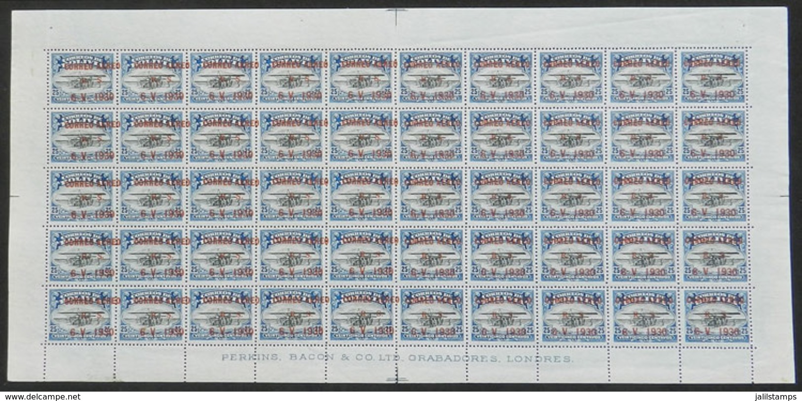 810 BOLIVIA: Sc.C15, 1930 Zeppelin 25c., Complete Sheet Of 50 Stamps, The 25 On The Left With Shifted Overprint (to The  - Bolivia