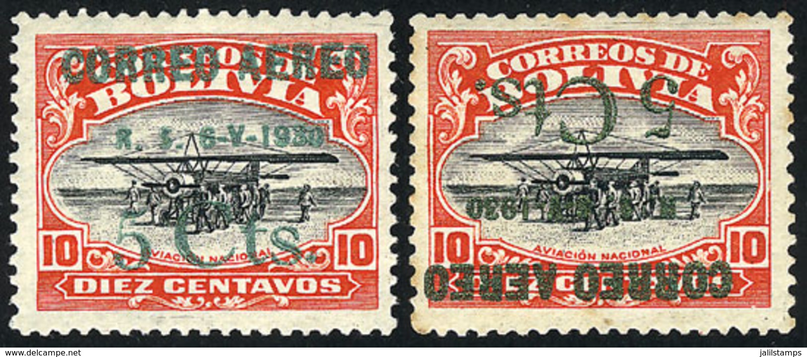 812 BOLIVIA: Sc.C19 + C19a, 1930 Zeppelin 5c., Normal And Inverted Overprint In METAL INK, The First One Superb, The Lat - Bolivien