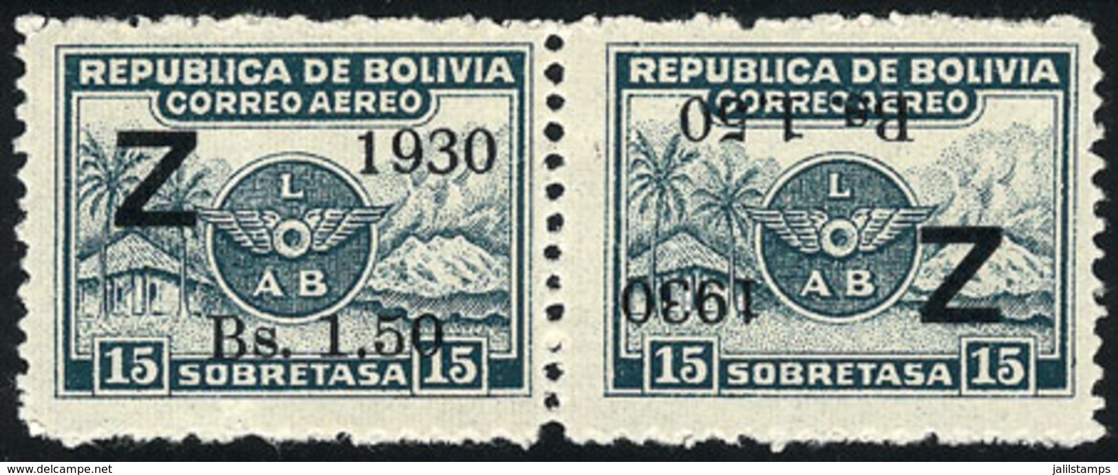 815 BOLIVIA: Sc.C24 + C24a, Pair, One With INVERTED OVERPRINT (tete-beche Of Overprints), Mint Very Lightly Hinged, Exce - Bolivia