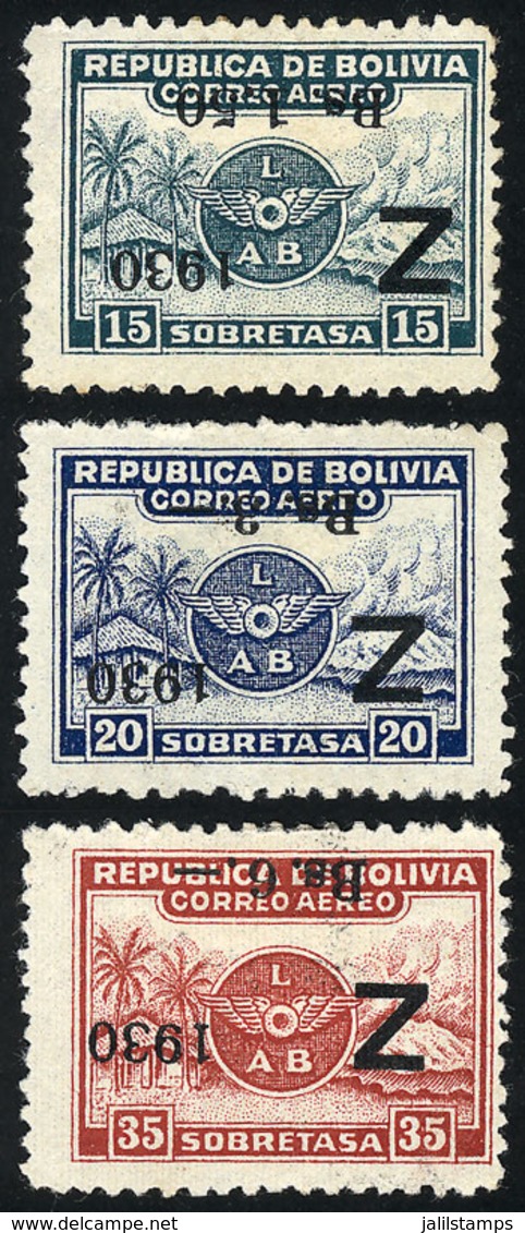 816 BOLIVIA: Sc.C24a + C25a + C26a, 1930 Zeppelin, Cmpl. Set Of 3 Values With INVERTED Overprint, Mint No Gum, VF Qualit - Bolivia