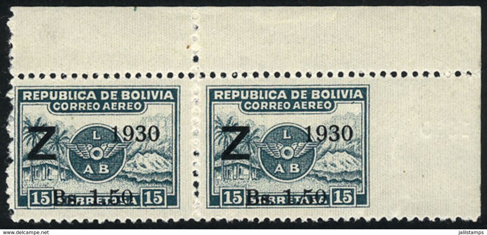 817 BOLIVIA: Sc.C24, Corner Pair, IMPERFORATE At Right, MNH (with Tiny Hinge Mark In The Top Margin), Superb, Rare! - Bolivia