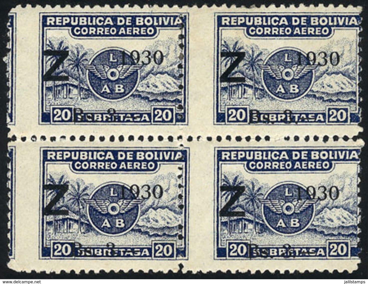 818 BOLIVIA: Sc.C25, Block Of 4 With Variety: Shifted Perforation (it Looks As If It Were Imperforate Vertically In The  - Bolivia