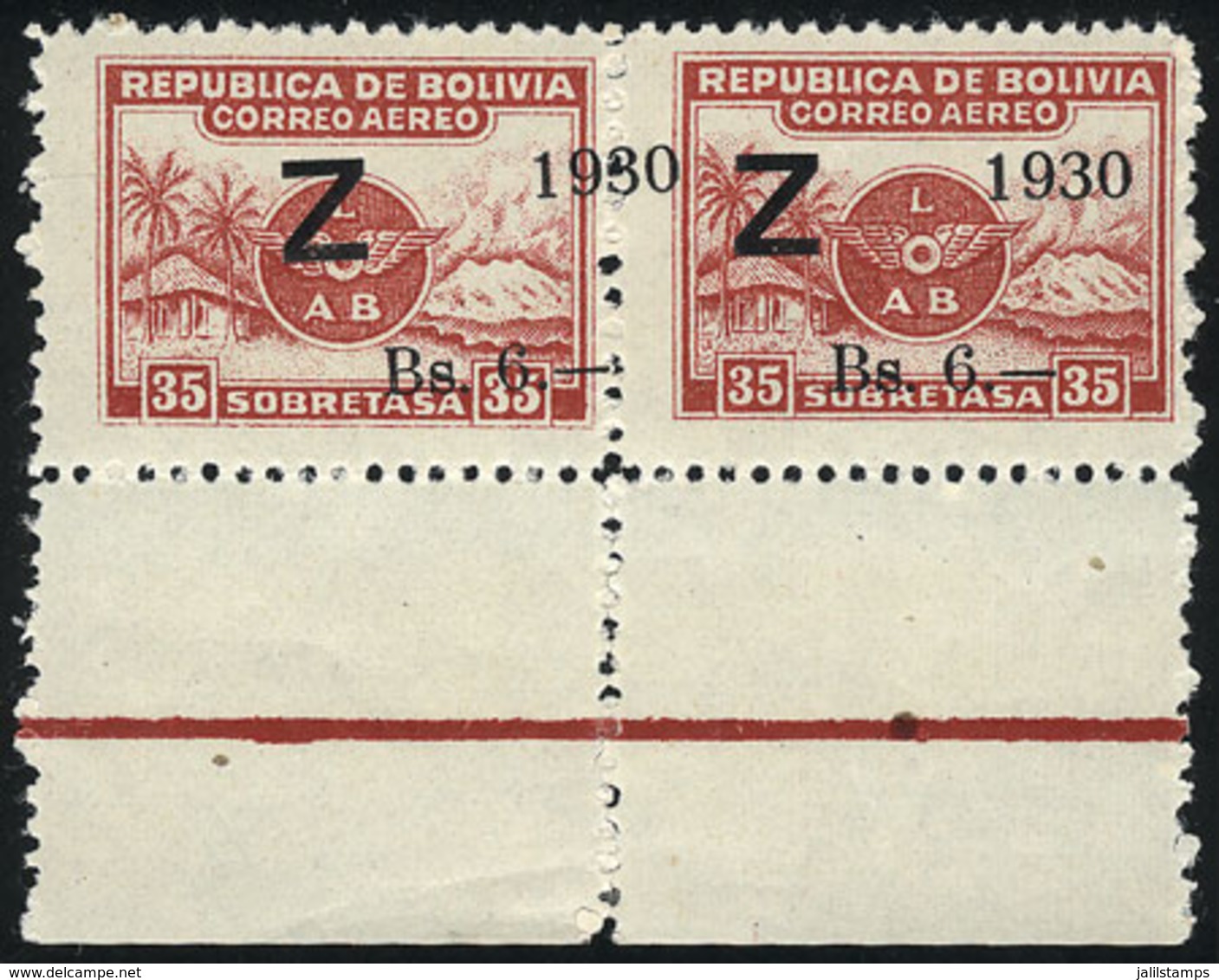 819 BOLIVIA: Sc.C26, Pair With Spectacular Variety: Left Overprint Shifted To The Right, Partially Over The Neighboring  - Bolivien