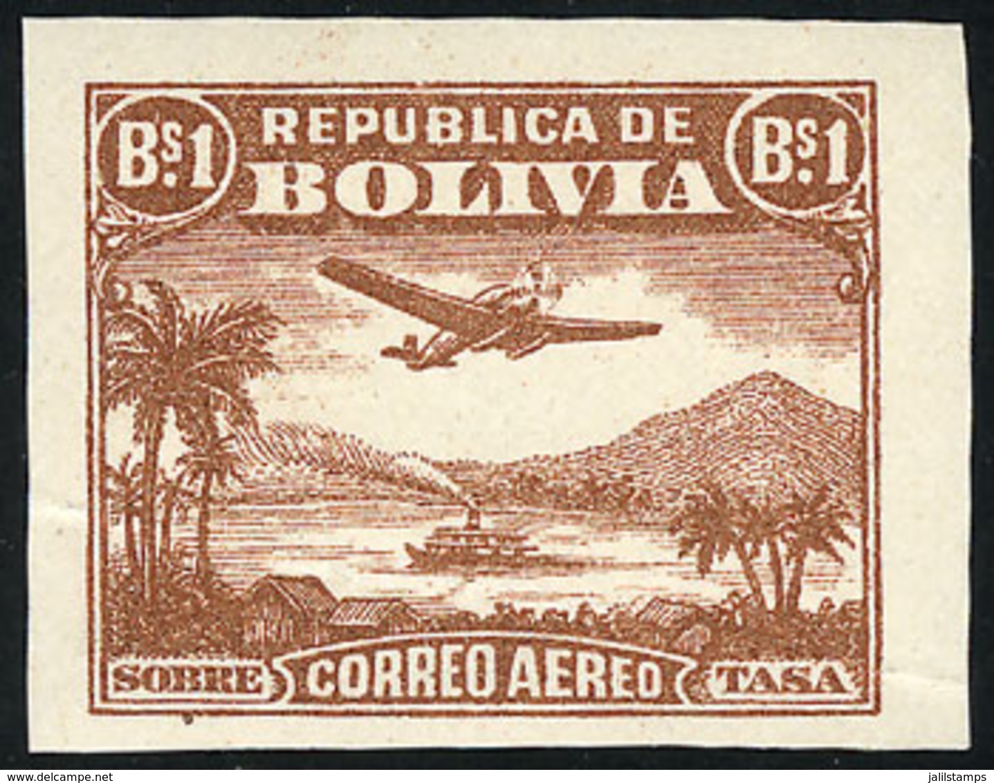 821 BOLIVIA: Sc.C32, ESSAY Of 1B. With The Vignette Of The 2B. Value (airplane And River, Ship, Mountains), Mint With Gu - Bolivien