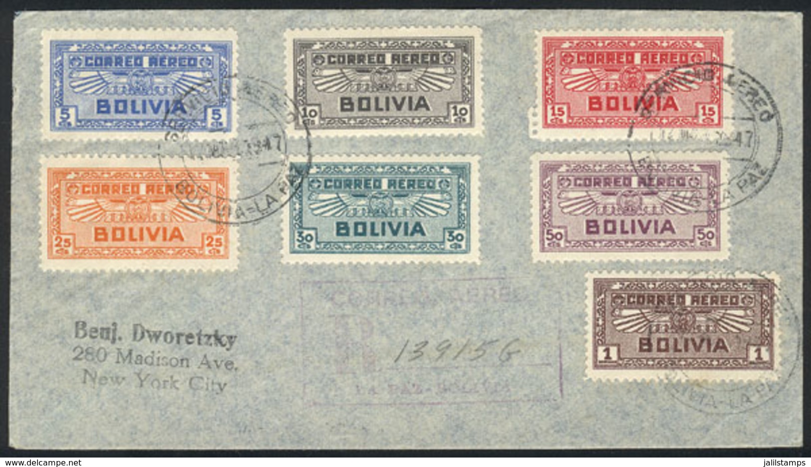 822 BOLIVIA: Sc.C35/C41, Complete Set Of 7 Values On A Registered Cover Sent To USA On 12/JUL/1947, VF! - Bolivia