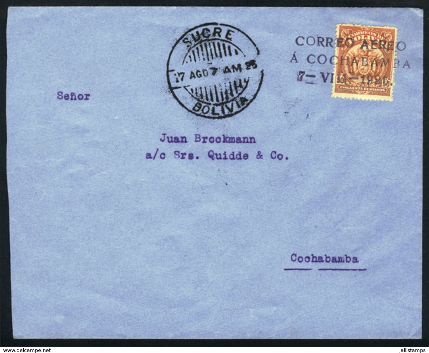 828 BOLIVIA: 7/AU/1925 Sucre - Cochabamba First Airmail (Muller 5a), Cover Of VF Quality, Rare! - Bolivien