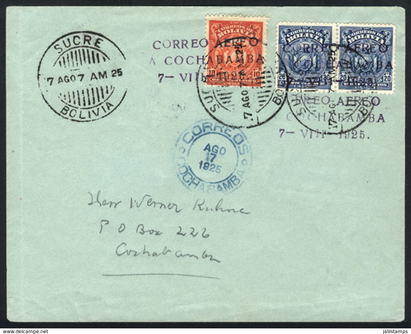 829 BOLIVIA: 7/AU/1925 Sucre - Cochabamba First Airmail (Mü.5a), Cover Of Very Fine Quality With Special Cancel Of The F - Bolivien