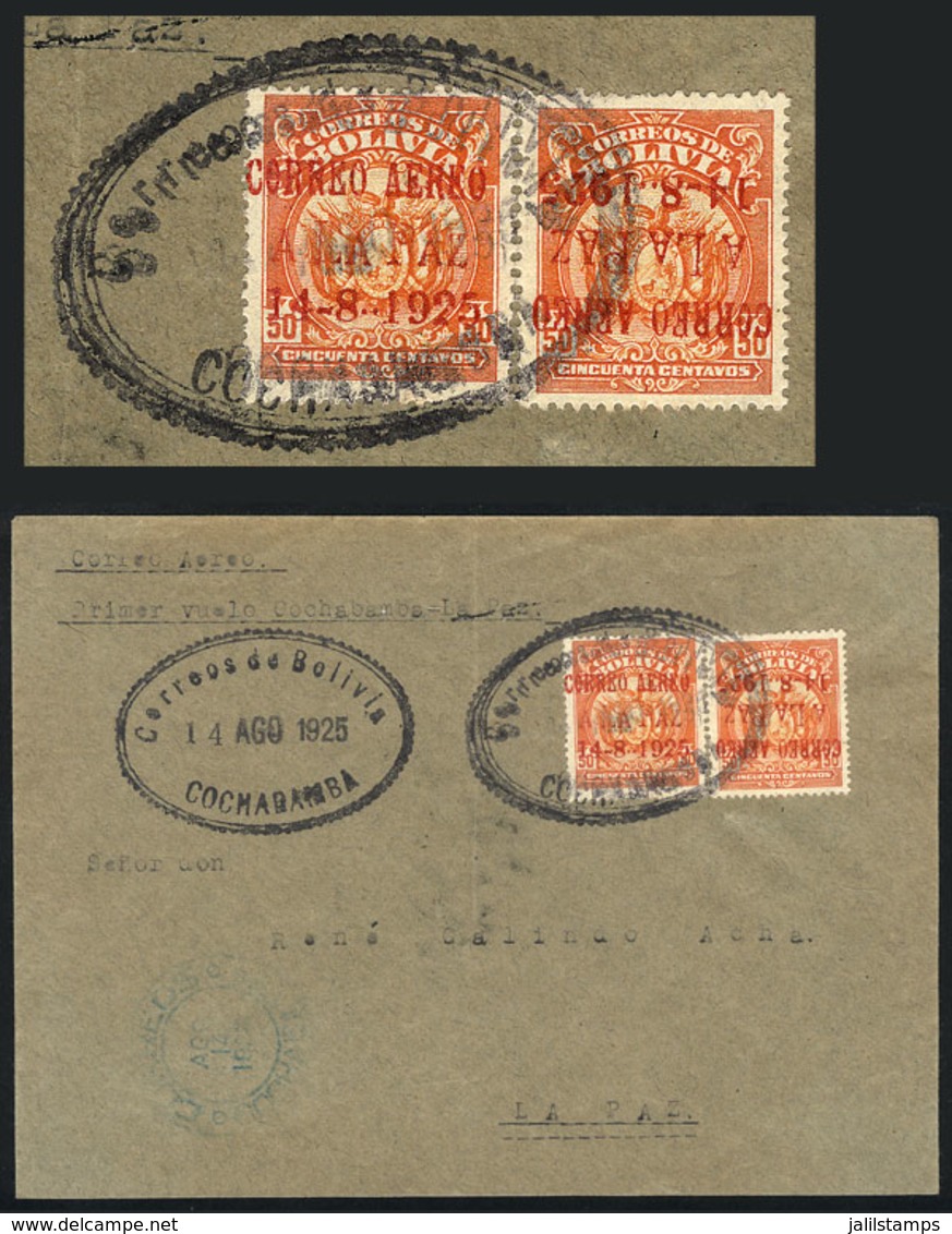 830 BOLIVIA: 14/AU/1925 Cochabamba - La Paz First Airmail (Mü.7), Cover Franked With 2 Stamps With Special Overprint For - Bolivien