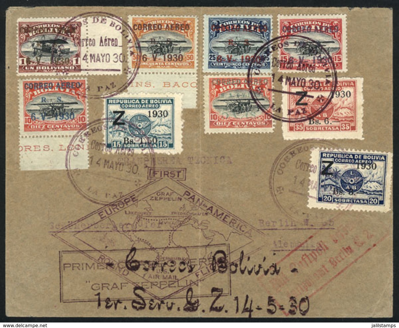 833 BOLIVIA: Cover Sent By Zeppelin From La Paz To Berlin (Germany) On 14/MAY/1930, Franked With Both Zeppelin Sets Of 1 - Bolivien