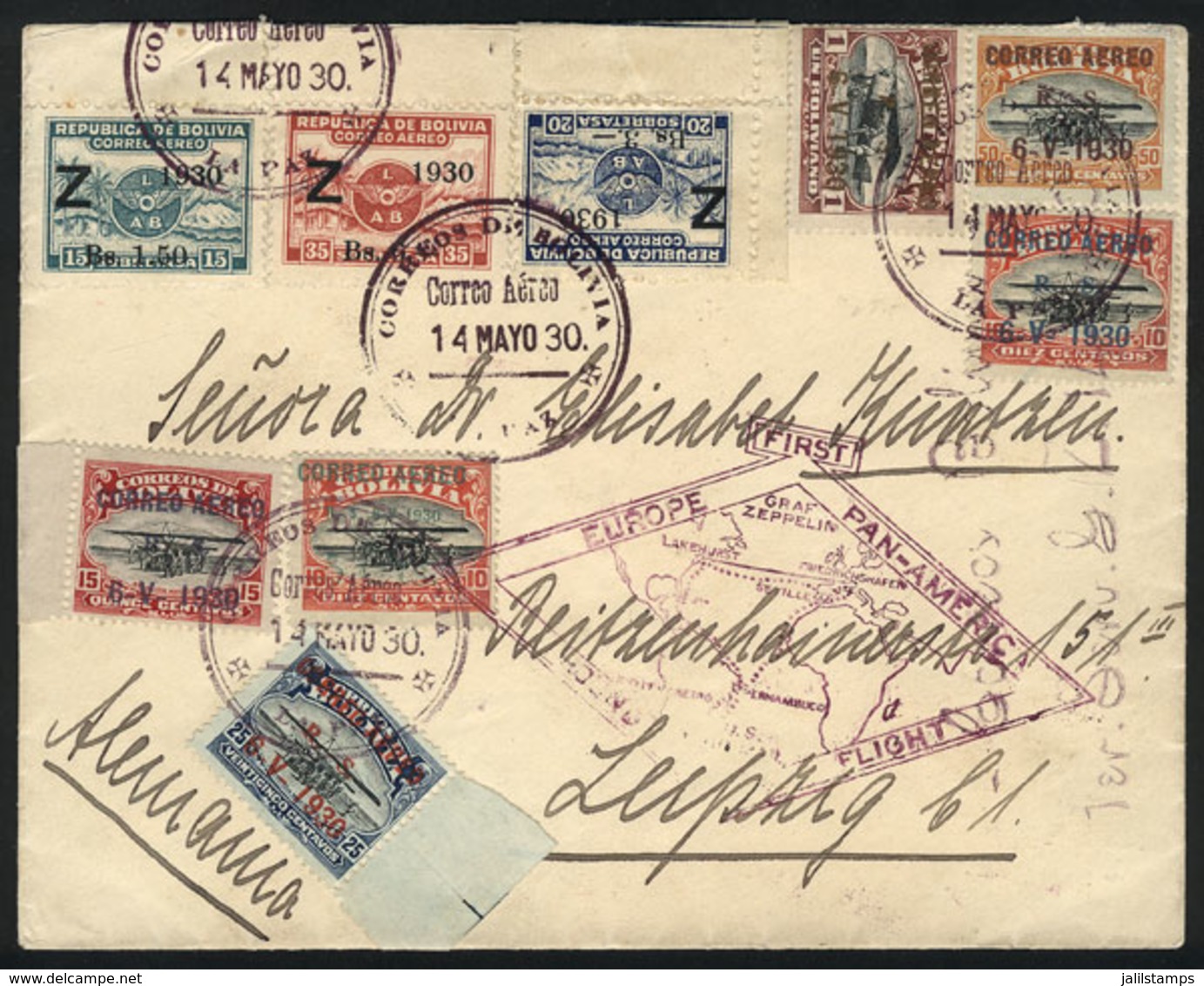 834 BOLIVIA: Cover Sent By Zeppelin On 14/MAY/1930 From La Paz To Leipzig (Germany), Franked With Both 1930 Zeppelin Set - Bolivia