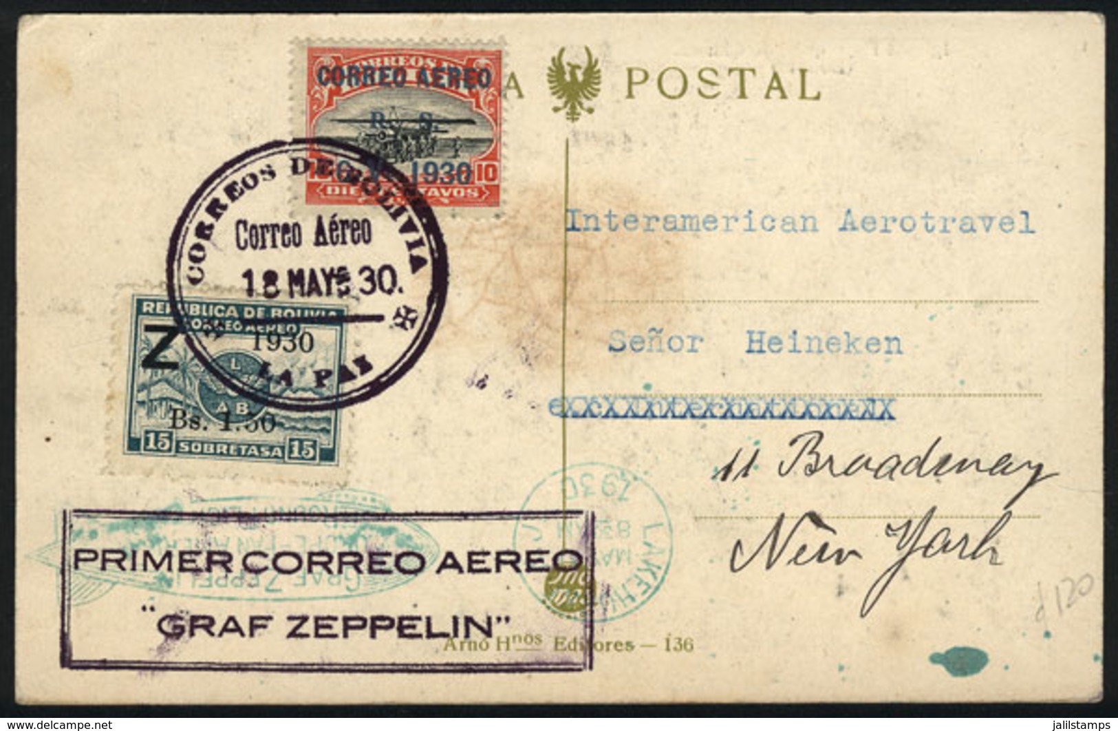 835 BOLIVIA: Card Sent By ZEPPELIN From La Paz To New York On 18/MAY/1930, Excellent Quality! - Bolivien