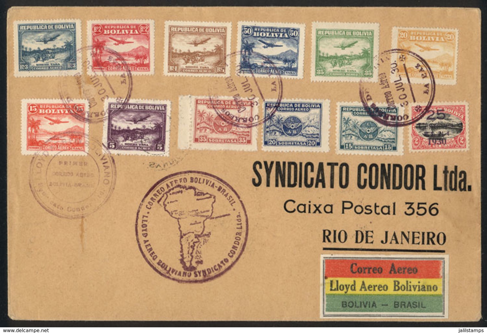 836 BOLIVIA: 30/JUL/1930 La Paz - Rio De Janeiro, First Airmail Between Bolivia And Brazil, Carried By Lloyd Aéreo Boliv - Bolivia