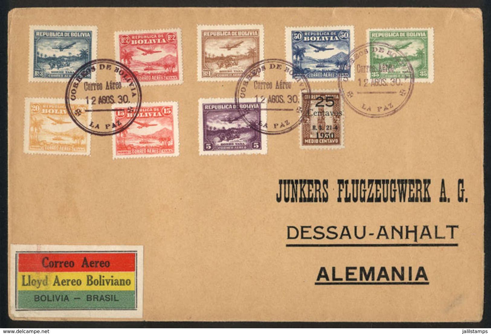 838 BOLIVIA: 12/AU/1930: Cover With Beautiful Multicolor Postage, Sent From La Paz To Germany, Flown By LAB To Brazil An - Bolivien