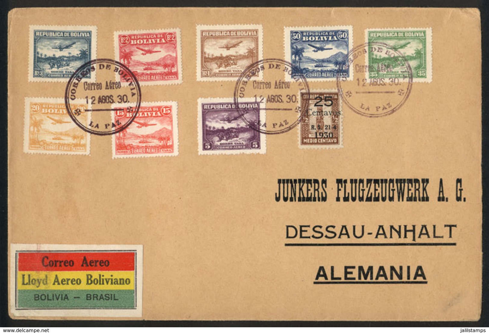 838 BOLIVIA: 12/AU/1930: Cover With Beautiful Multicolor Postage, Sent From La Paz To Germany, Flown By LAB To Brazil An - Bolivia