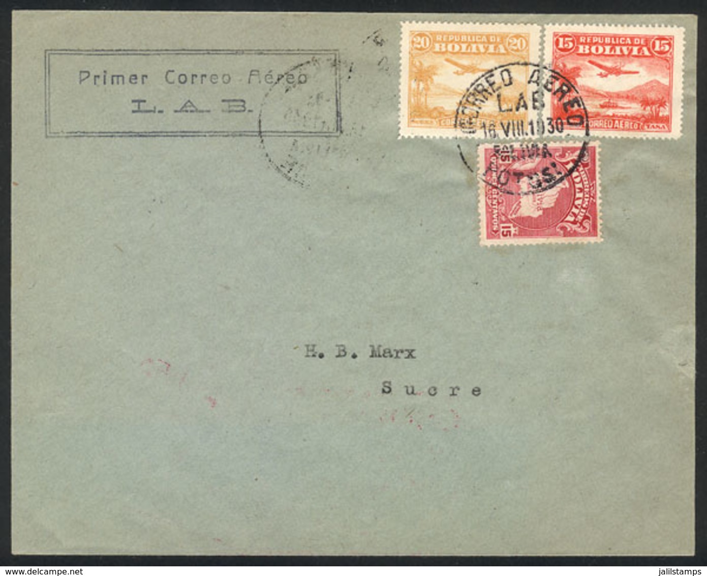 840 BOLIVIA: 16/AU/1930: Potosí - Sucre First Airmail, With Arrival Backstamp, VF Quality! - Bolivien