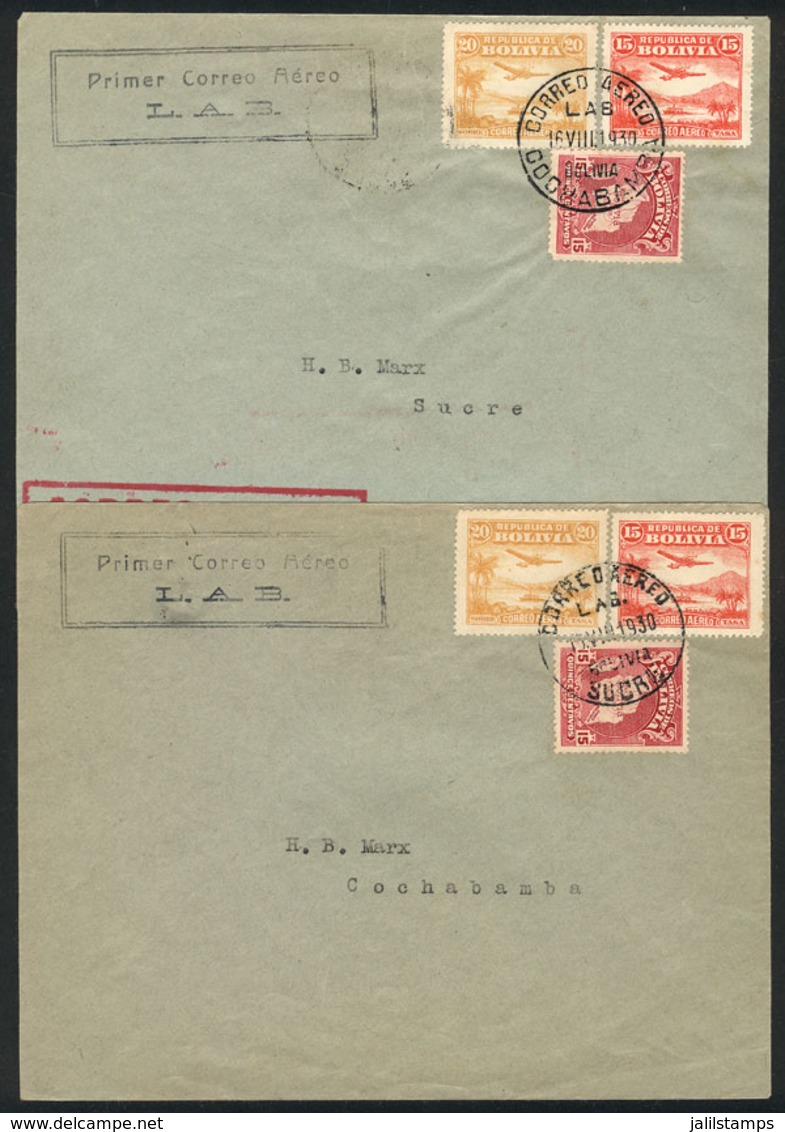 841 BOLIVIA: 16/AU/1930: 2 Covers Carried By L.A.B. First Airmail Between Cochabamba - Sucre And Return, VF Quality! - Bolivia