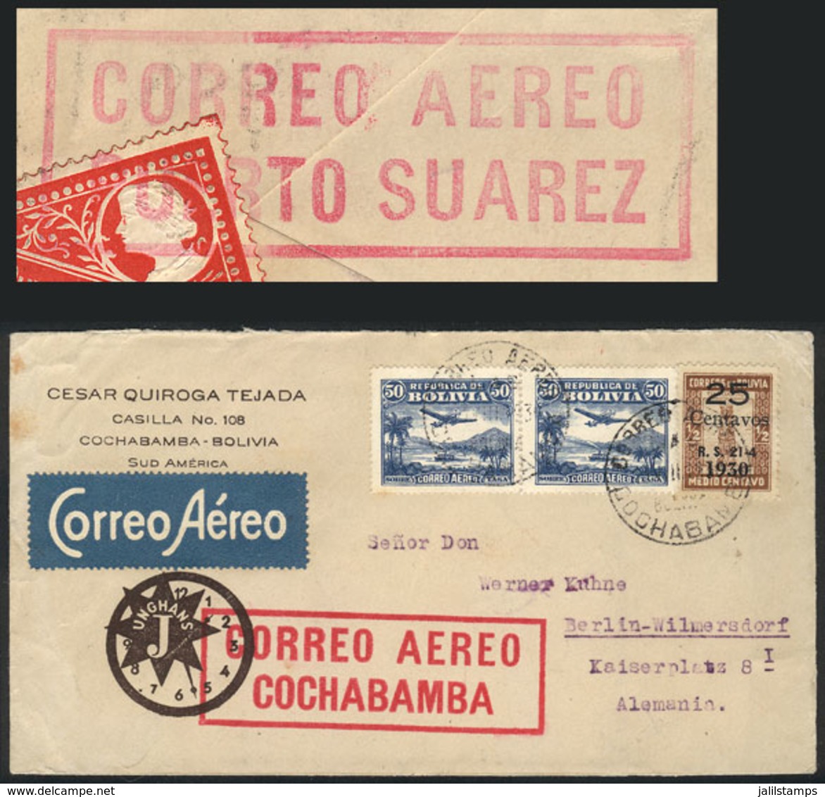 842 BOLIVIA: 24/AU/1930: La Paz - Rio De Janeiro 3rd Flight, Cover Sent From Cochabamba To Germany, On Back It Bears A M - Bolivien