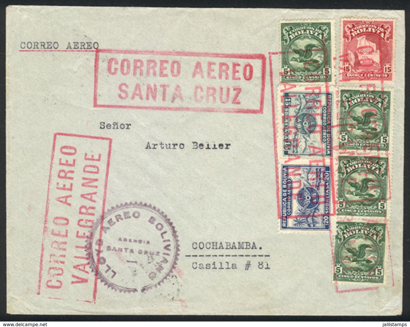 843 BOLIVIA: Cover Sent From VALLEGRANDE To Cochabamba, Via Santa Cruz, Arrival Backstamp Of 4/SE/1930, LAB Flight, Exce - Bolivien